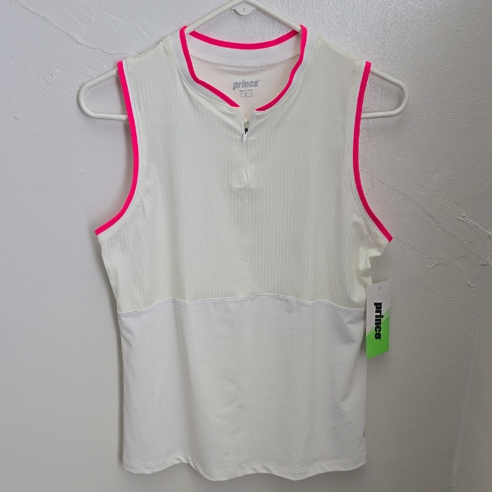 Prince Women's White Sleeveless Tennis Top with Pink Trim Size L NWT